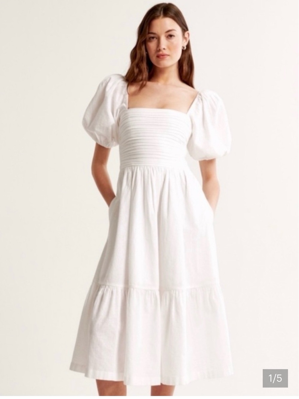 Abercrombie & Fitch White Puff-Sleeve Square-Neck Midi Dress